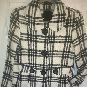 JOUJOU SIZE L WHITE/BLACK PLAID Single Breasted Poly/Wool PEA COAT